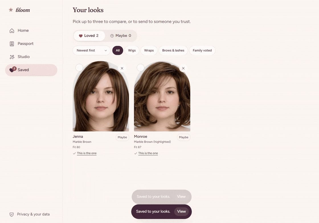 Ten-second recording: select two saved looks, compare them, create a family link, and open the voting page.