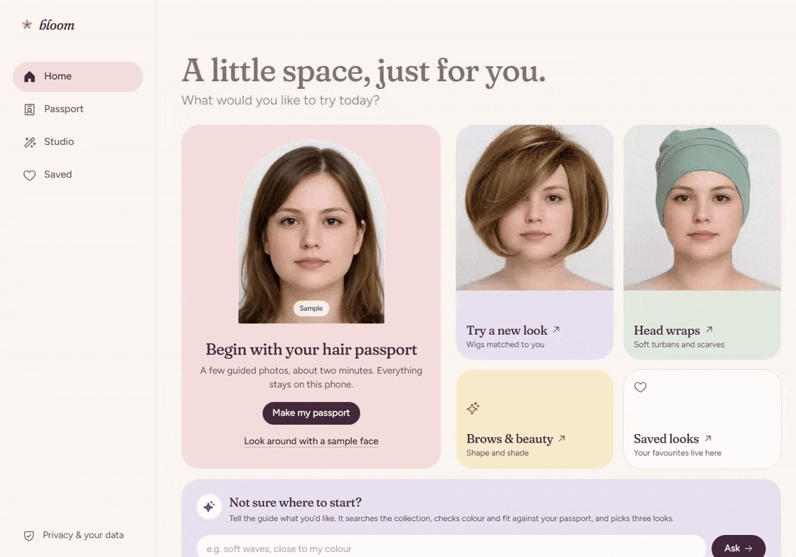 Eight-second recording: activate the sample face and open its Hair Passport with colour, length, texture, and face readings.