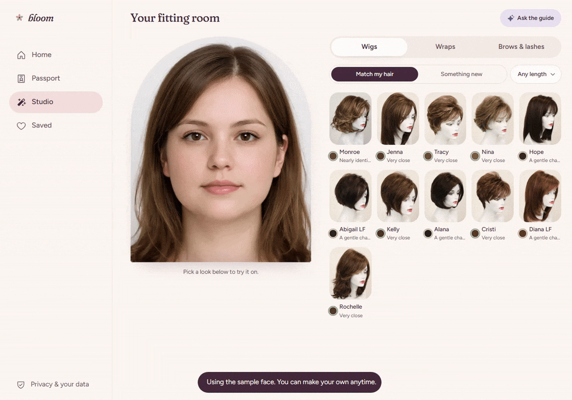 Eight-second recording: browse matched wigs, try two styles, and switch to a head wrap.