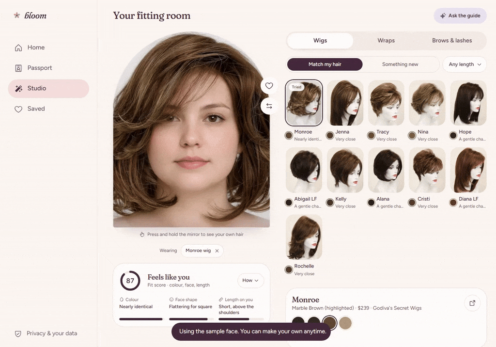 Eight-second recording: compare a YouCam wig render with the original photo and inspect its fit report.