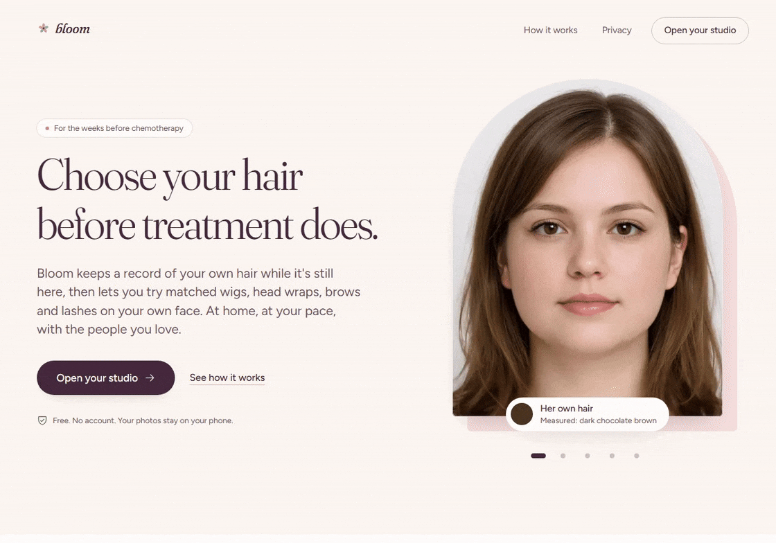 Nine-second recording: enter Bloom, choose the sample face, and try a look without an account or camera.